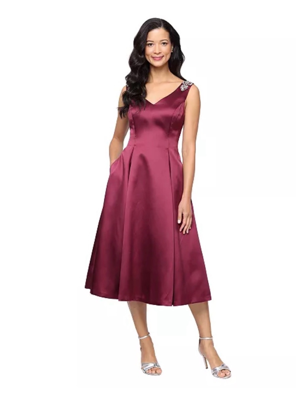 Alex Evenings Wine Satin Midi Dress with Embellished Shoulder